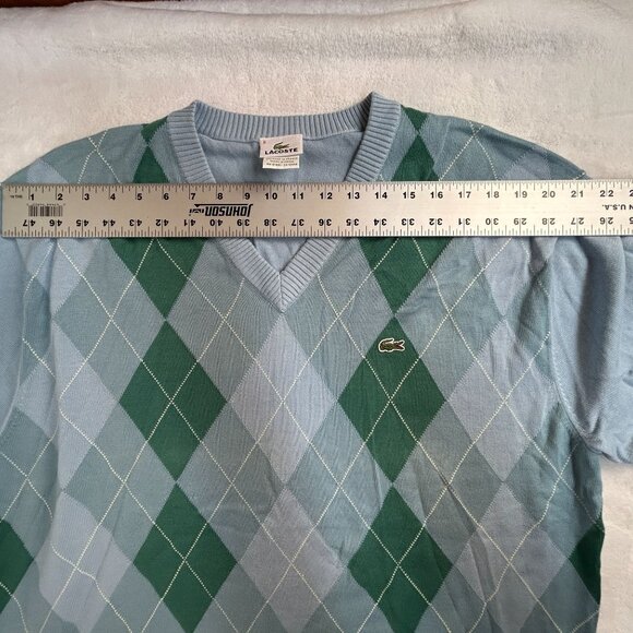 Lacoste Mens Argyle V-Neck Pullover Sweater Size 8 Blue Green 100% Cotton F5178 - Picture 6 of 8